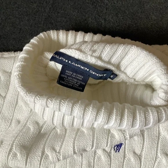 Ralph Lauren Sport CowlNeck Sweater Women Med. White Cable Knit Pullover Cotton - Picture 3 of 12